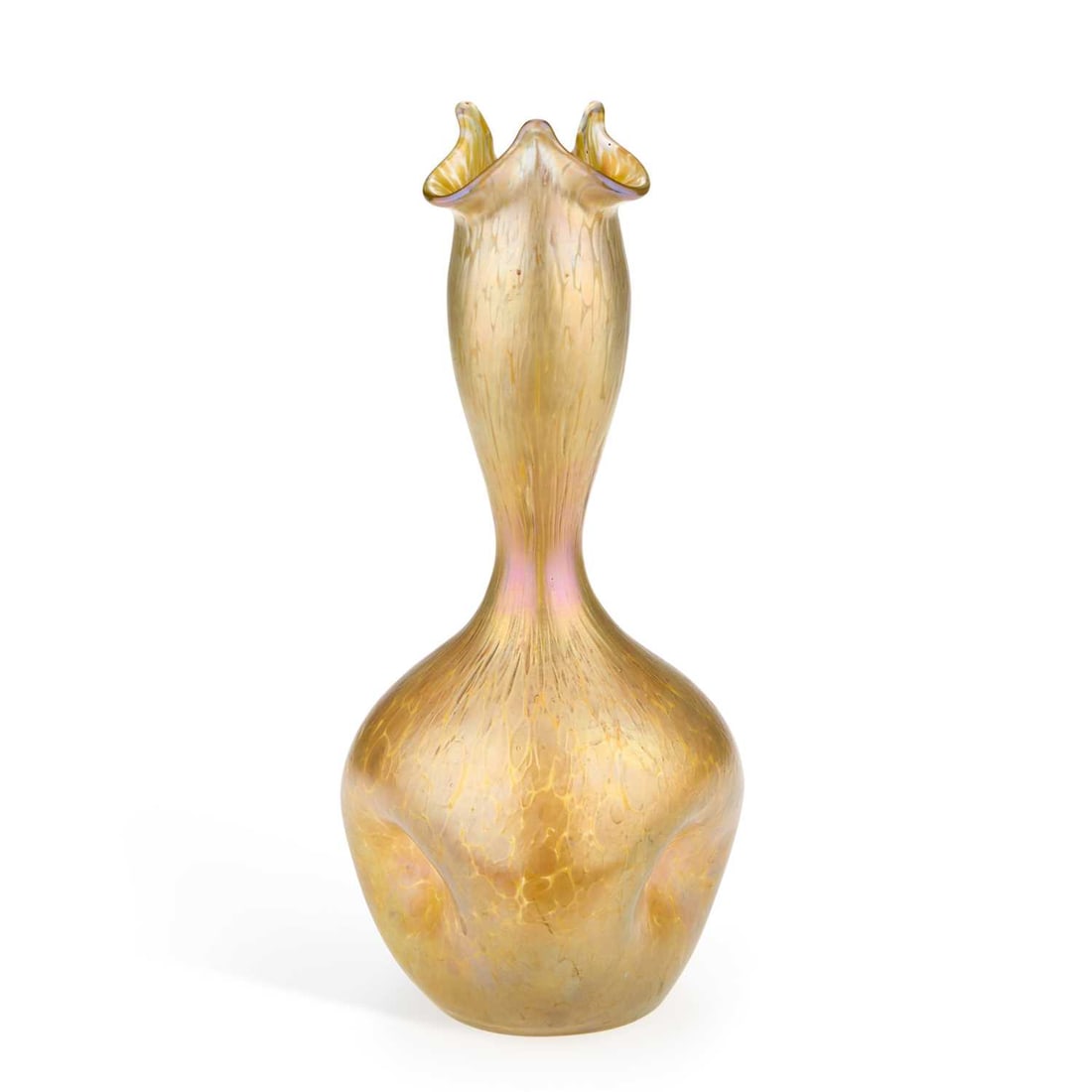 A LOETZ GOLD PAPILLON GLASS VASE: A LOETZ GOLD PAPILLON GLASS VASE the globular body with indented sides rising to a bulbous neck with an undulating rim. 23cm high