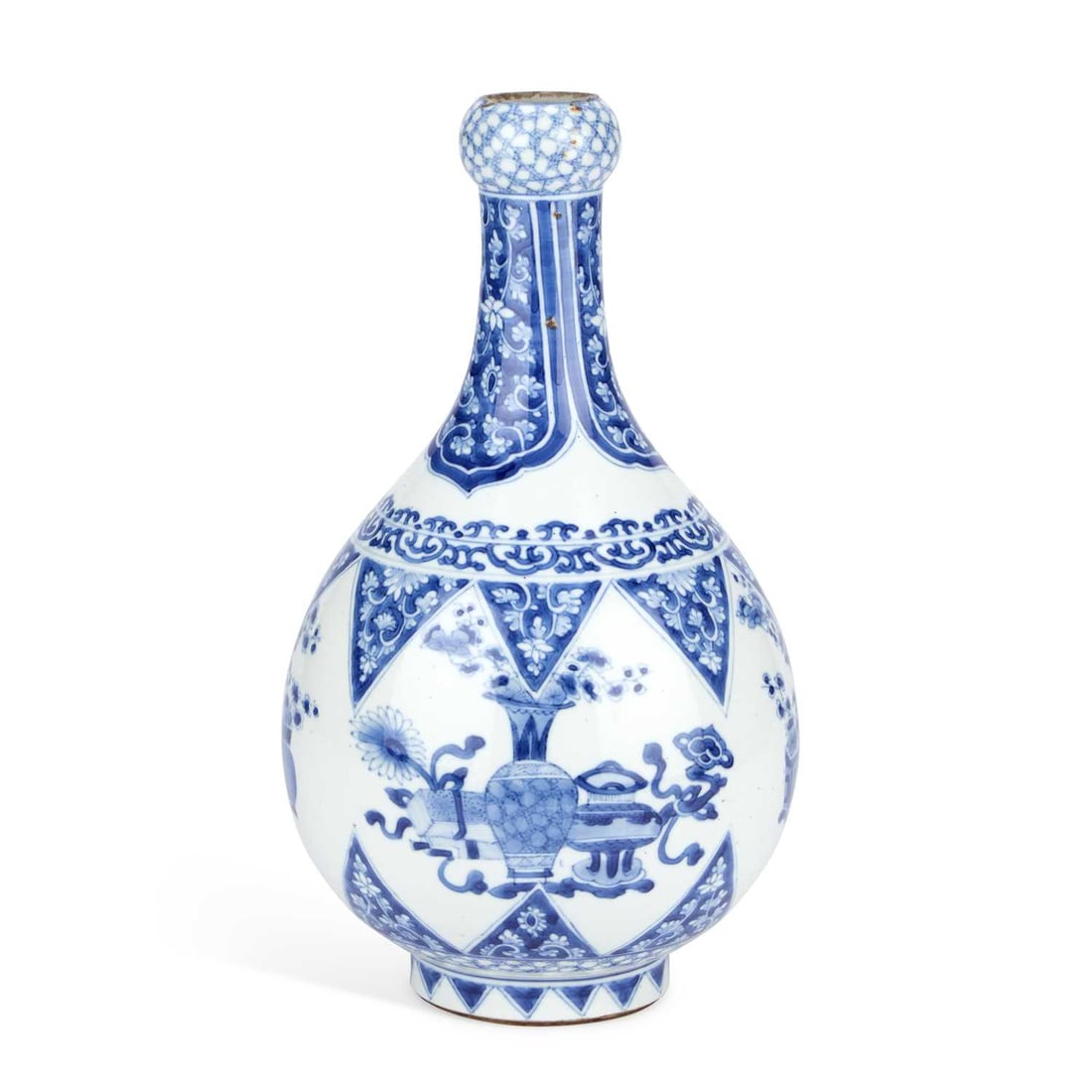 A CHINESE BLUE AND WHITE PORCELAIN VASE 19TH CENTURY OR EARLIER: A CHINESE BLUE AND WHITE PORCELAIN VASE 19TH CENTURY OR EARLIER the pear-shaped body rising from a short straight foot to a tall waisted neck and garlic-bulb mouth, underglaze blue painted with auspic