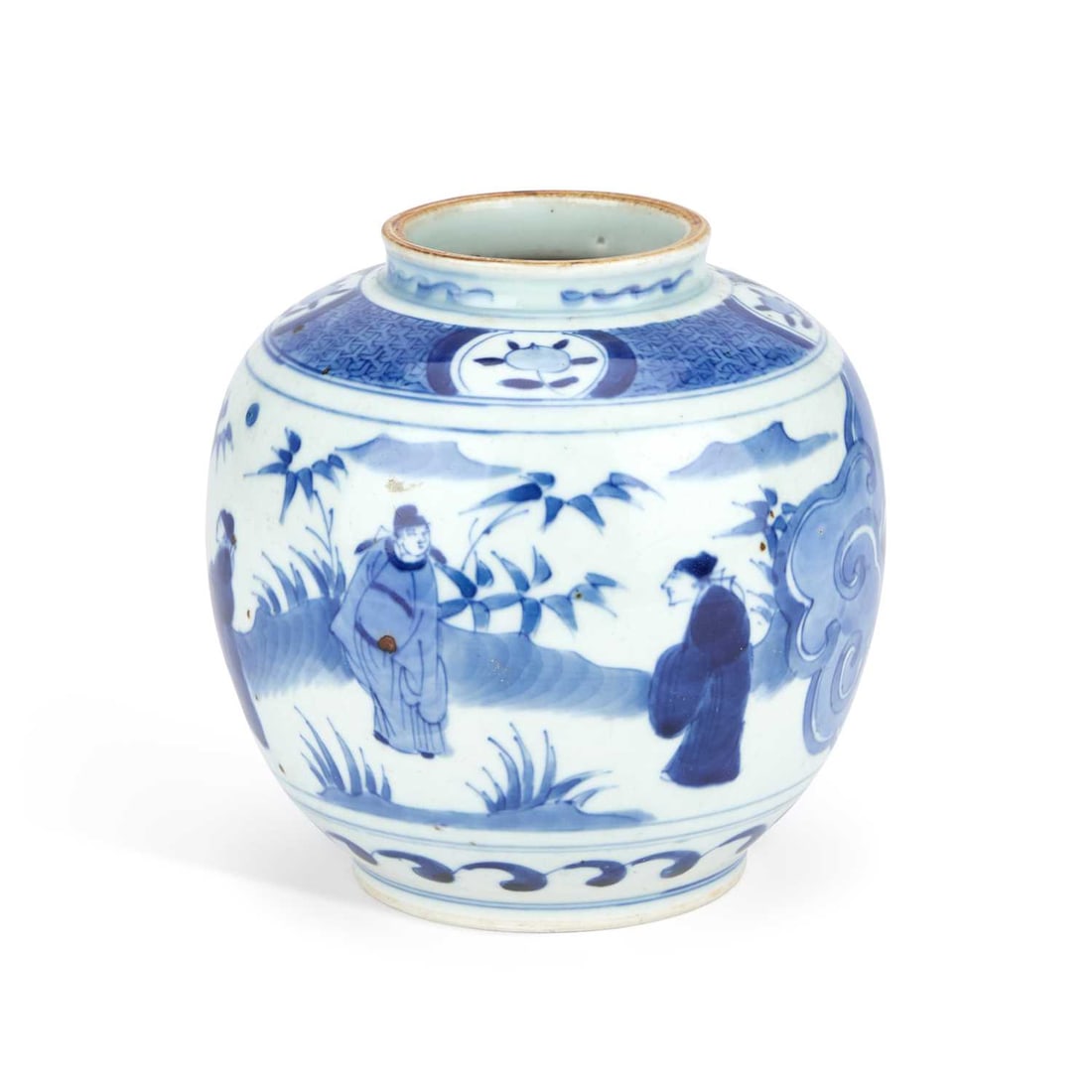 A CHINESE BLUE AND WHITE PORCELAIN JAR POSSIBLY WANLI (1573-1620): A CHINESE BLUE AND WHITE PORCELAIN JAR POSSIBLY WANLI (1573-1620) the ovoid body with a short neck, painted with figures in a landscape, with a band of flower panels on a scale ground to the shoulder,