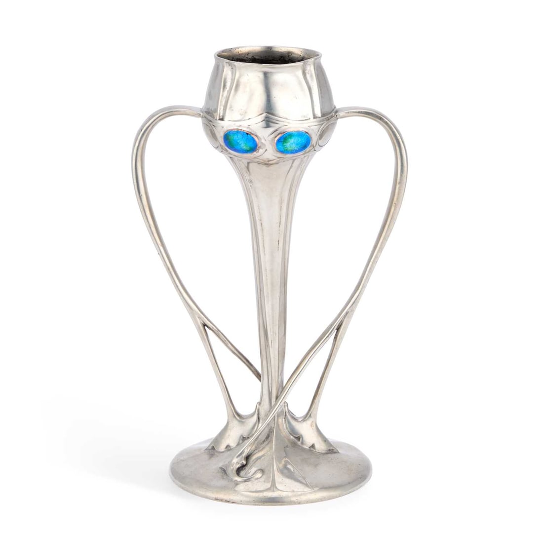 ARCHIBALD KNOX (1864–1933) FOR LIBERTY & CO A TUDRIC PEWTER AND ENAMEL TULIP VASE: ARCHIBALD KNOX (1864–1933) FOR LIBERTY & CO A TUDRIC PEWTER AND ENAMEL TULIP VASE the bulbous bowl decorated with four oval blue/ green shaded enamels, issuing sinuous tendril handles, all raised on