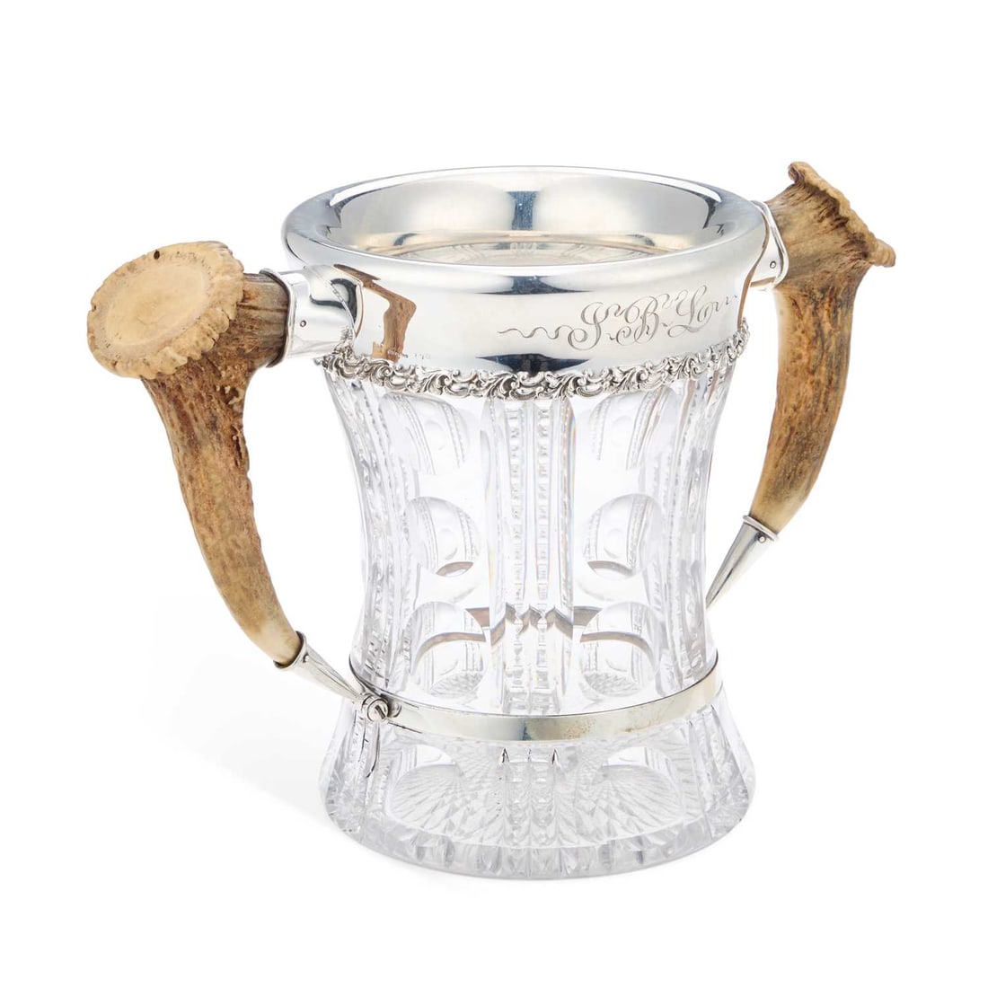 A LARGE AMERICAN STERLING SILVER, CUT-GLASS AND ANTLER-HANDLED LOVING CUP (1 of 1)