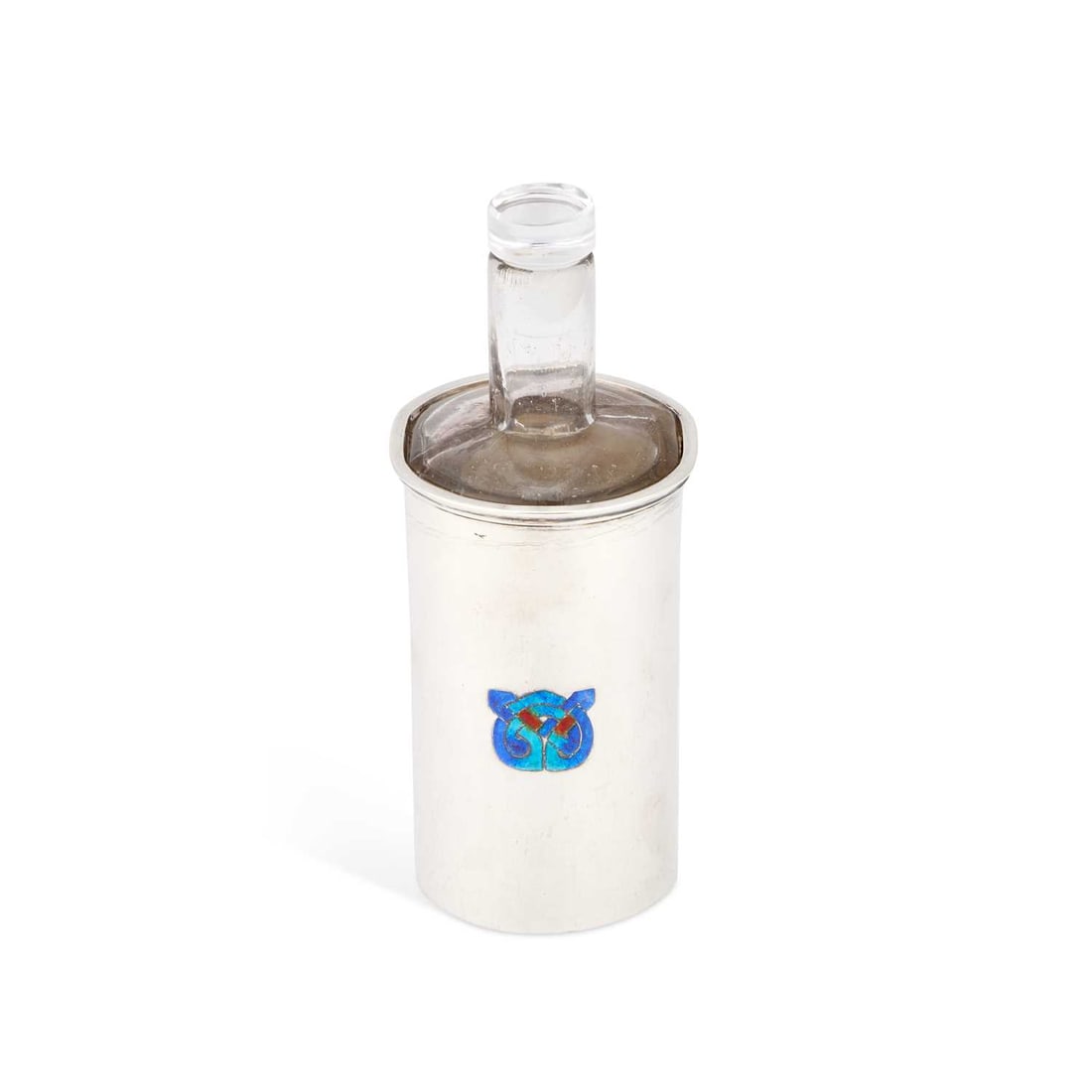 A LIBERTY & CO SILVER-MOUNTED AND ENAMEL SCENT BOTTLE DESIGNED BY ARCHIBALD KNOX (1864–1933): A LIBERTY & CO SILVER-MOUNTED AND ENAMEL SCENT BOTTLE DESIGNED BY ARCHIBALD KNOX (1864–1933) Birmingham 1908, the silver sleeve of circular section with two flattened sides, each rounded side centre