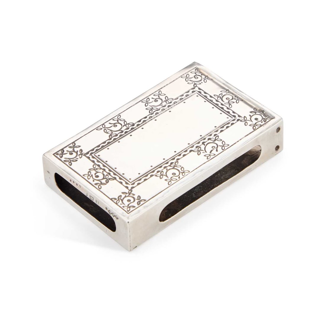 A LIBERTY & CO SILVER MATCHBOX SLEEVE: A LIBERTY & CO SILVER MATCHBOX SLEEVE Birmingham 1938, rectangular, the top chased with foliate sprigs. 8.4cm long, 5.2cm wide, 1.7 troy ounces