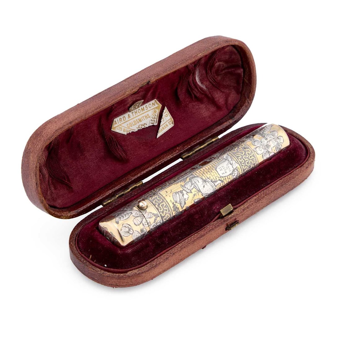 A VICTORIAN SILVER-GILT SCENT FLASK: A VICTORIAN SILVER-GILT SCENT FLASK by Sampson Mordan & Co, London 1881, of cylindrical form with a sprung hinged cap, engraved in the manner of Kate Greenaway with vignettes of children on a squi