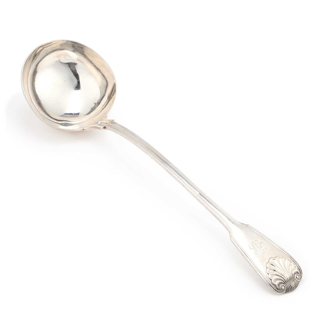 A VICTORIAN SILVER SOUP LADLE: A VICTORIAN SILVER SOUP LADLE by Chawner & Co (George William Adams), London 1864, Fiddle, Thread and Shell pattern, engraved with a monogram. 34cm long, 10 troy ounces