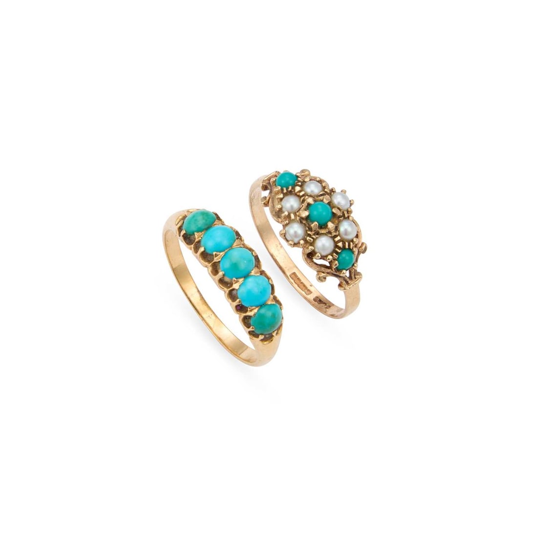 A 9 CARAT GOLD TURQUOISE AND SEED PEARL RING AND A TURQUOISE RING: A 9 CARAT GOLD TURQUOISE AND SEED PEARL RING AND A TURQUOISE RING the first with turquoise cabochons and seed pearls in a floral cluster set within a scrolling mount, hallmarked, the other set with fi