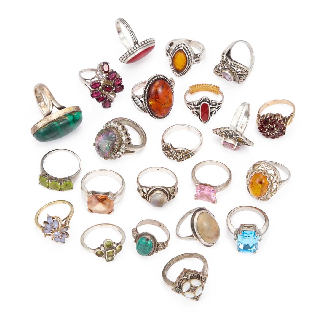 A GROUP OF GEM-SET RINGS: A GROUP OF GEM-SET RINGS some stamped '925', gemstones including malachite, amethyst, garnet, turquoise, etc. (22) Ring sizes S and smaller, 118.8 grams gross