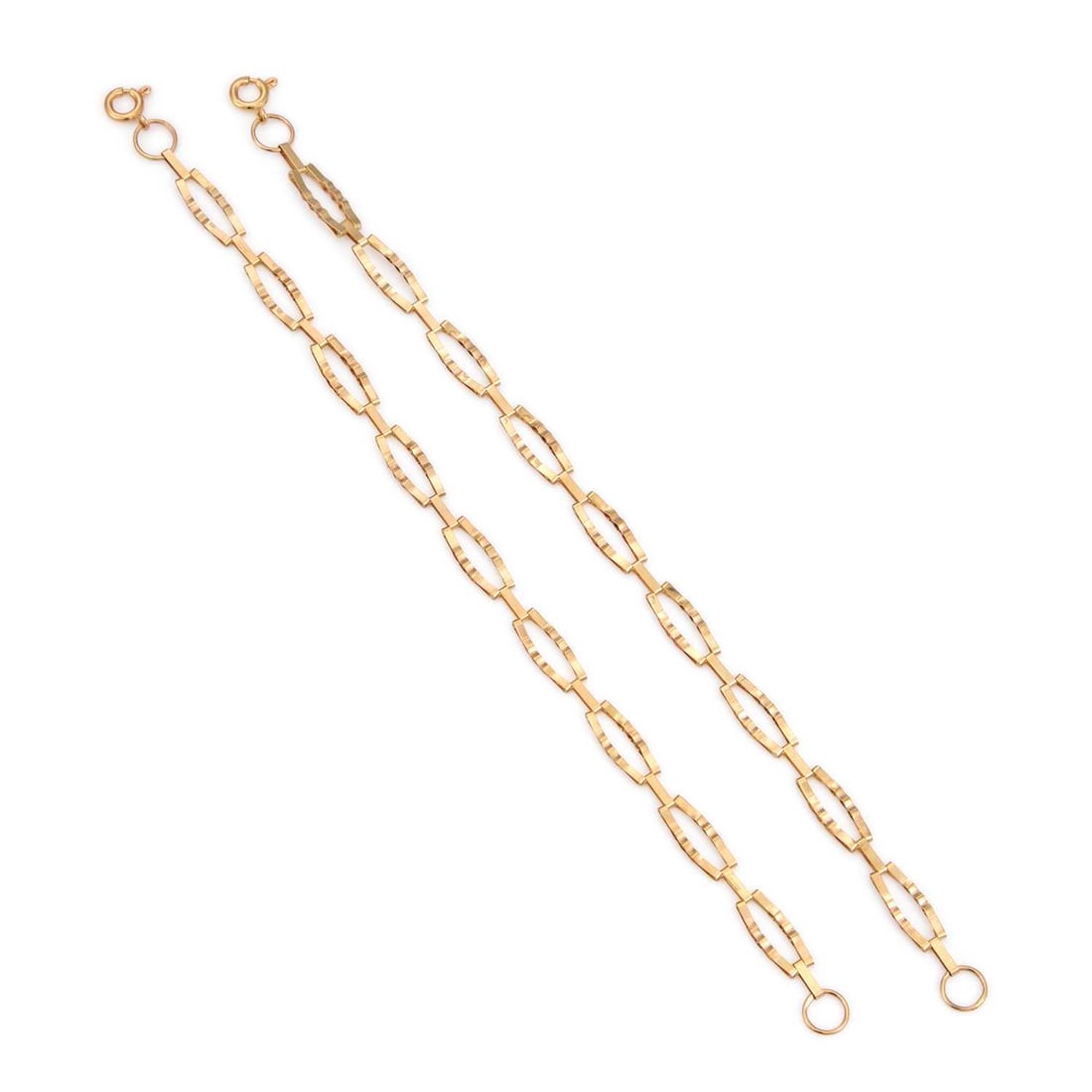 TWO 9 CARAT GOLD FANCY LINK BRACELETS: TWO 9 CARAT GOLD FANCY LINK BRACELETS each formed of alternating panels of a single plain link and a double crimped link, hallmarked London. (2) Each 18cm long, 4 grams gross
