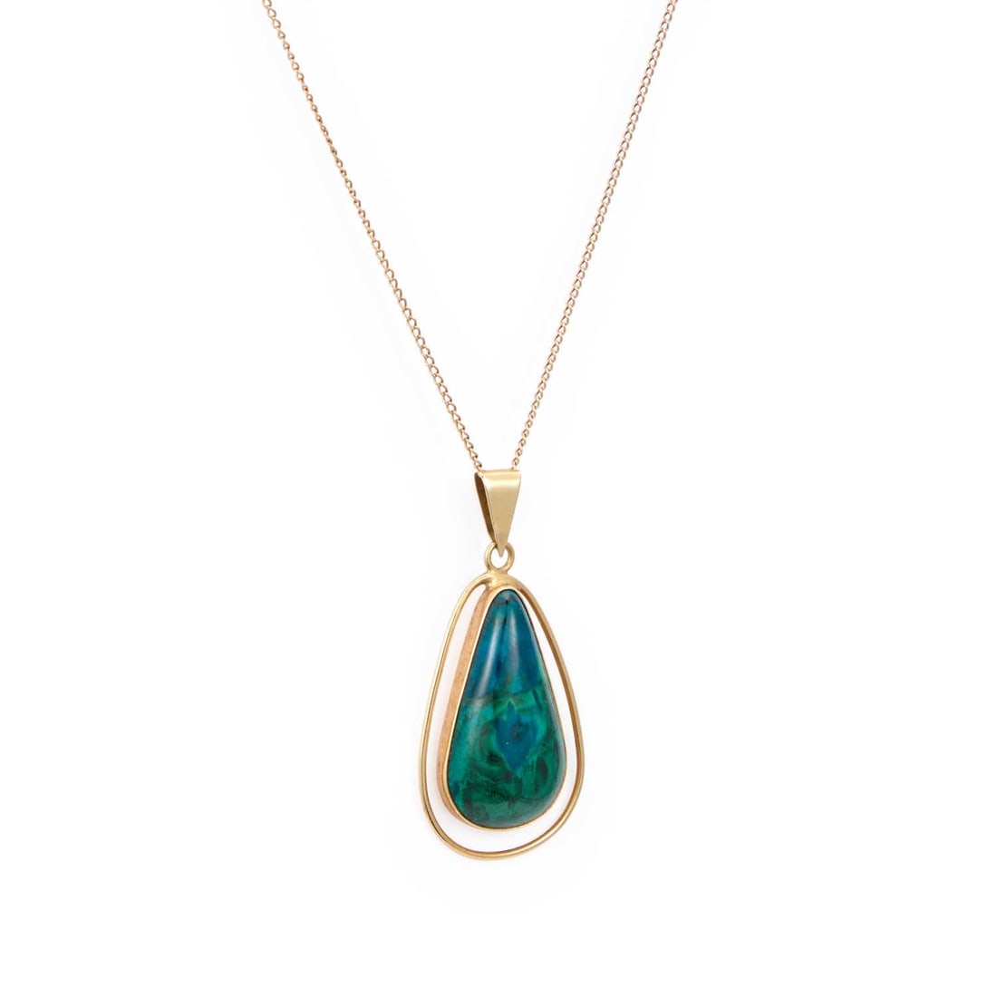 A MALACHITE CHRYSOCOLLA PENDANT ON CHAIN: A MALACHITE CHRYSOCOLLA PENDANT ON CHAIN a pear-cut malachite chrysocolla within a halo frame, stamped '14K', suspended from a fine chain, mark illegible, replacement clasp stamped '1/20 12K'. Pendant