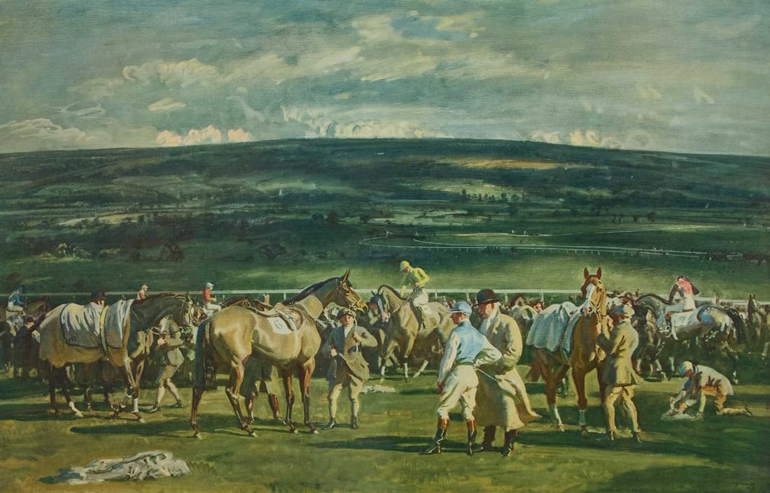 ‡ AFTER SIR ALFRED MUNNINGS KCVO, PRA, RI (1878-1959) THE SADDLING PADDOCK, CHELTENHAM MARCH: ‡ AFTER SIR ALFRED MUNNINGS KCVO, PRA, RI (1878-1959) THE SADDLING PADDOCK, CHELTENHAM MARCH MEETING Signed in pencil Colour print, printed 1952 by Frost & Reed Ltd (44.5cm x 66cm)