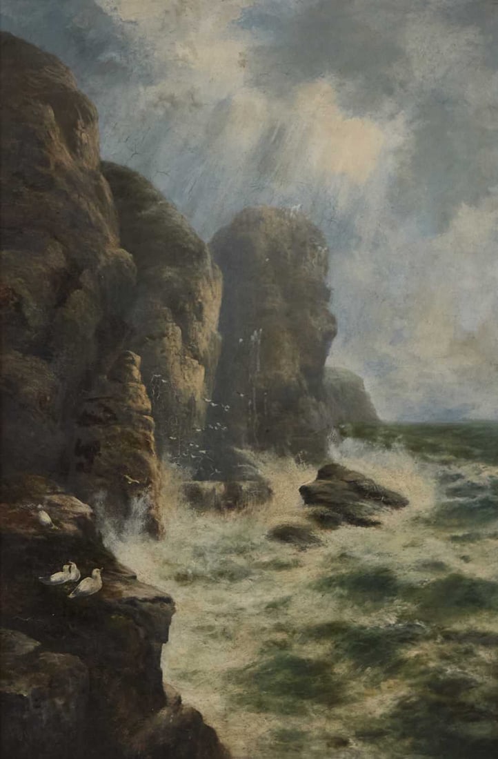 THE REVEREND JOHN WILLIAMS OGDEN (1859-1836) LARGE COASTAL CLIFF LANDSCAPE: THE REVEREND JOHN WILLIAMS OGDEN (1859-1836) LARGE COASTAL CLIFF LANDSCAPE Signed and indistinctly dated Oil on canvas Unframed (141.5cm x 93cm)