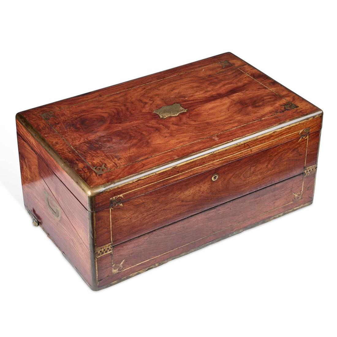 A LARGE 19TH CENTURY BRASS-INLAID CAMPHOR CAMPAIGN WRITING SLOPE: A LARGE 19TH CENTURY BRASS-INLAID CAMPHOR CAMPAIGN WRITING SLOPE with a fold-out writing surface and Bramah lock. 54cm long