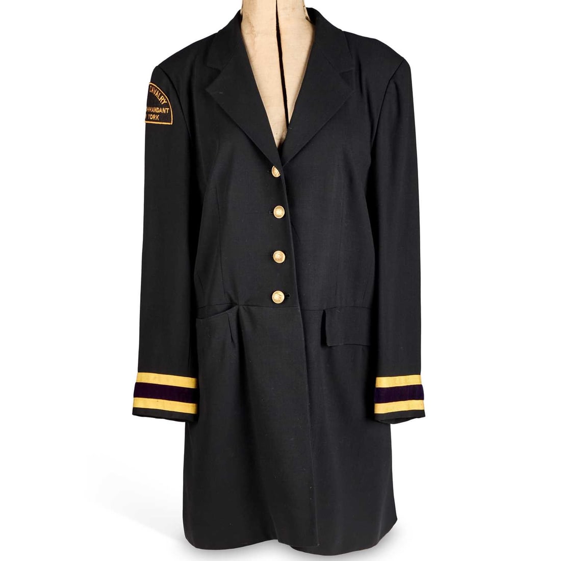 A DONNA KARAN NEW YORK NAVY EVENING DRESS AND A DKNY MILITARY STYLE JACKET: A DONNA KARAN NEW YORK NAVY EVENING DRESS AND A DKNY MILITARY STYLE JACKET the rayon, nylon, spandex dress size L, the black wool jacket a size 10. (2)