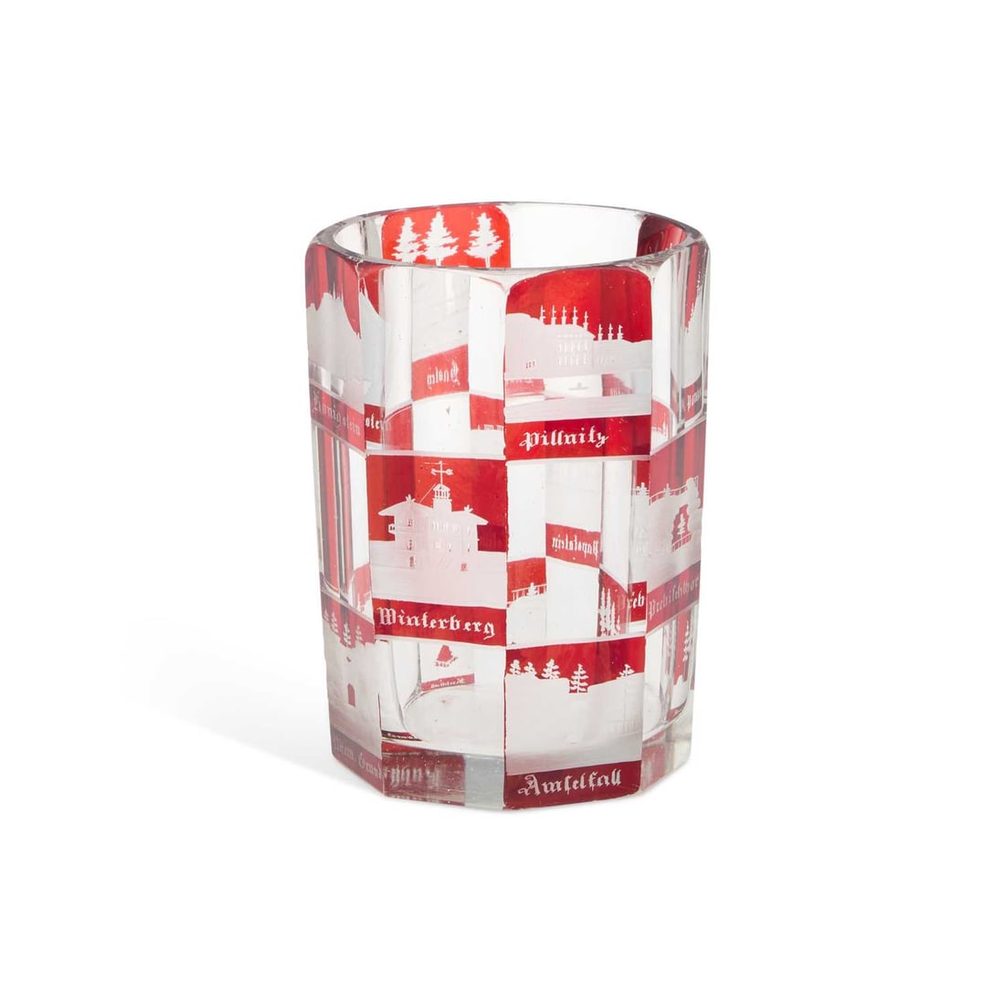 A BOHEMIAN RUBY FLASHED AND ENGRAVED GLASS SPA BEAKER 19TH CENTURY: A BOHEMIAN RUBY FLASHED AND ENGRAVED GLASS SPA BEAKER 19TH CENTURY the faceted body cut with titled views including Königstein, Rathen and Prebischtor. 10.5cm high