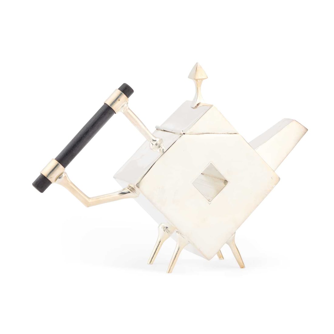 A SILVER-PLATED TEAPOT IN THE STYLE OF CHRISTOPHER DRESSER: A SILVER-PLATED TEAPOT IN THE STYLE OF CHRISTOPHER DRESSER of square form with a pierced centre and ebonised cylindrical handle. 17cm high