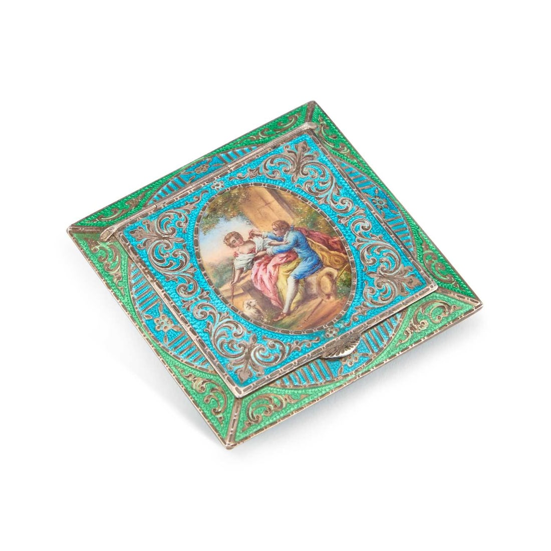 AN EARLY 20TH CENTURY AUSTRIAN SILVER AND ENAMEL COMPACT (1 of 3)