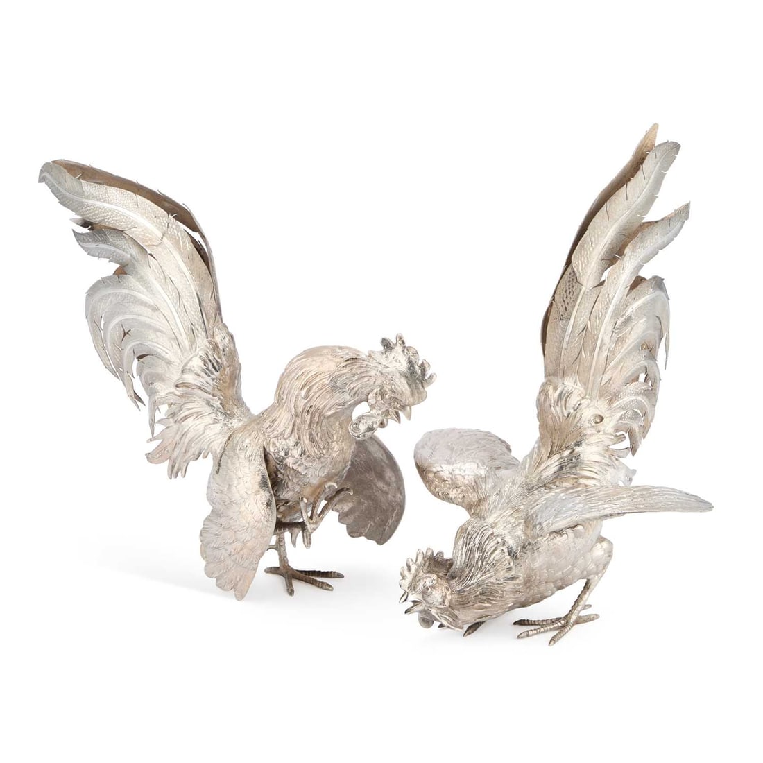 A PAIR OF ELIZABETH II SILVER MODELS OF FIGHTING COCKERELS (1 of 1)