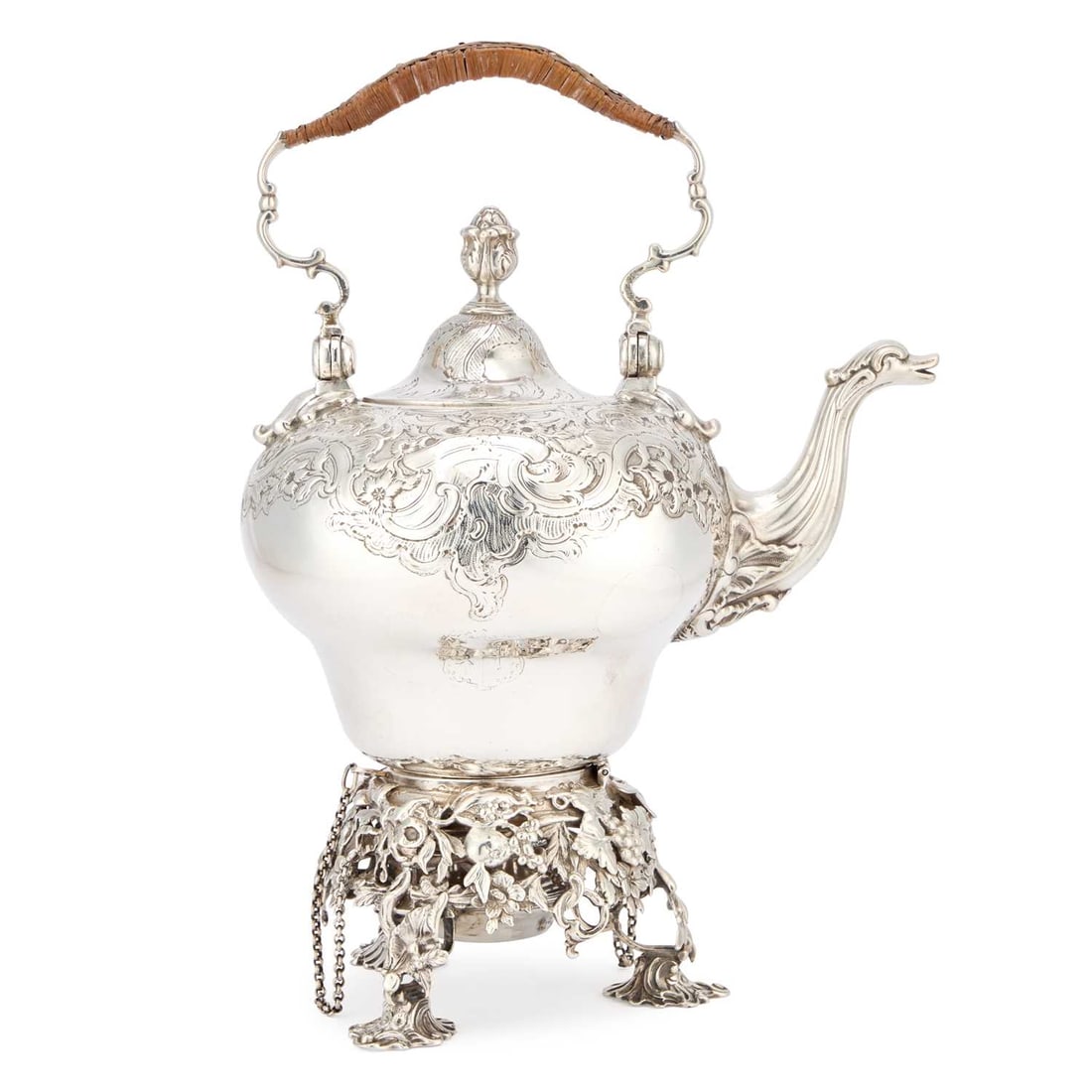 A GEORGE II SILVER KETTLE ON BURNER STAND (1 of 4)