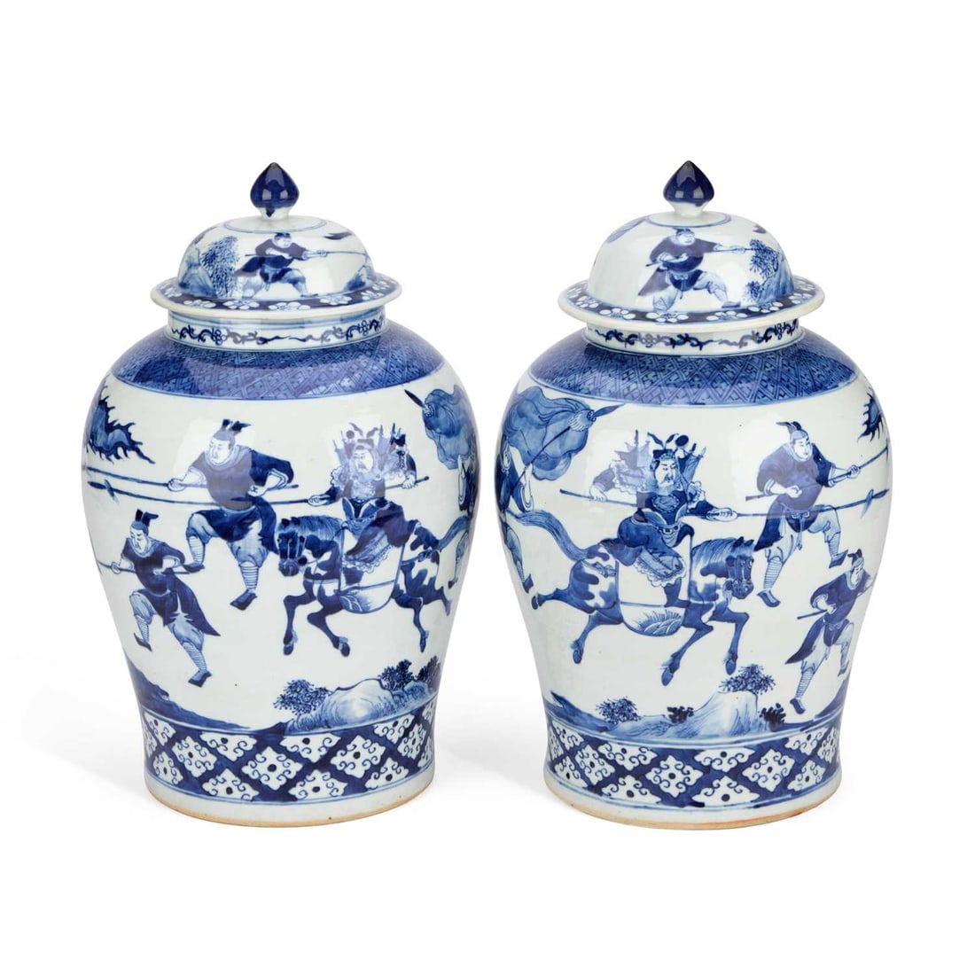 A PAIR OF CHINESE BLUE AND WHITE PORCELAIN VASES AND COVERS (1 of 1)