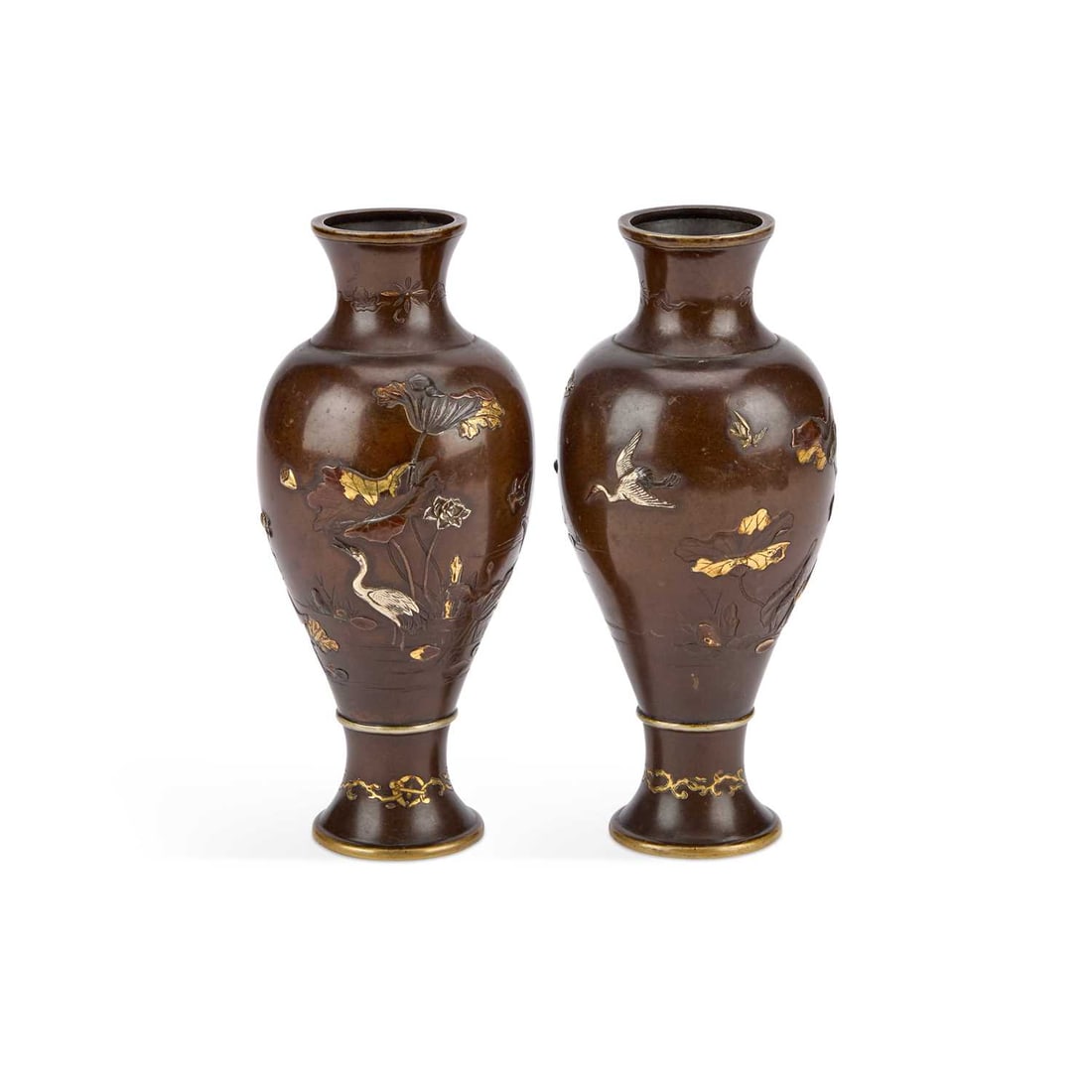 A FINE PAIR OF JAPANESE BRONZE AND MIXED METALS VASES MEIJI PERIOD (1868–1912) (1 of 2)