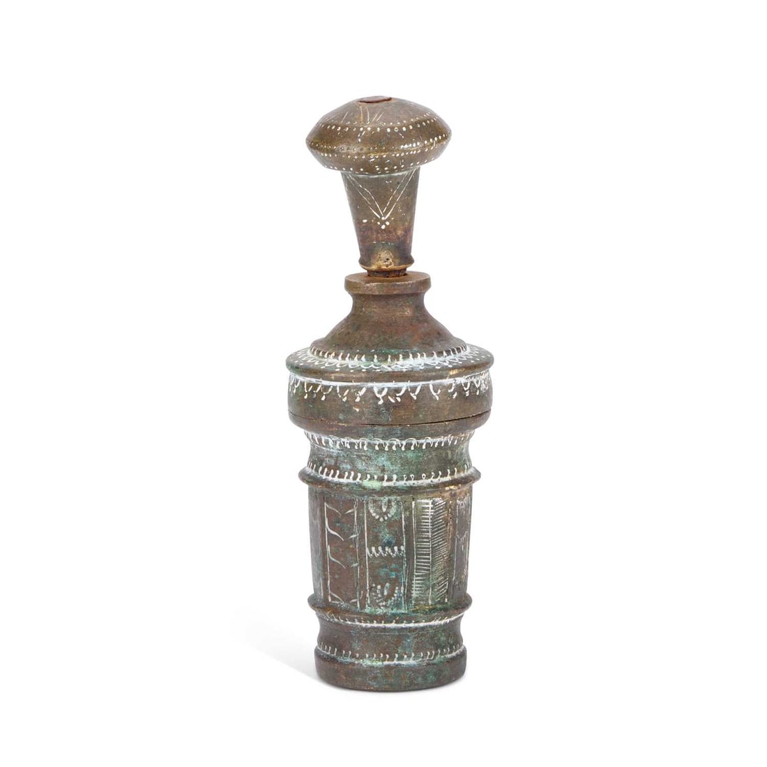 A MIDDLE EASTERN SILVER-INLAID BRONZE KOHL BOTTLE AND APPLICATOR (1 of 1)