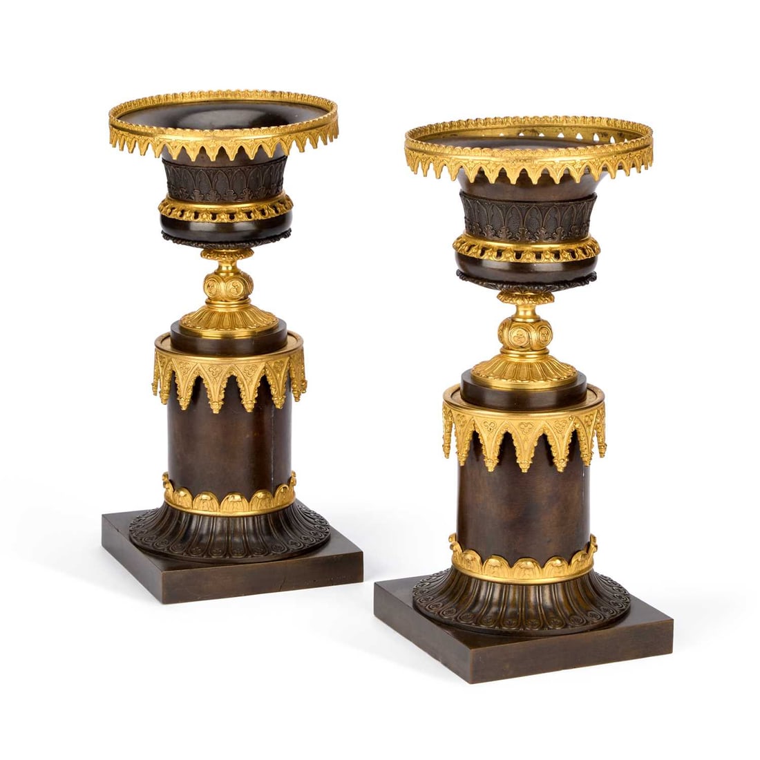 A GOOD PAIR OF 19TH CENTURY FRENCH PARCEL-GILT AND PATINATED BRONZE URNS (1 of 2)