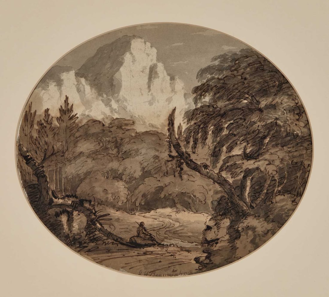 SIR GEORGE HOWLAND BEAUMONT (1753-1827) MOUNTAIN LANDSCAPE WITH FIGURE BY A STREAM (1 of 3)