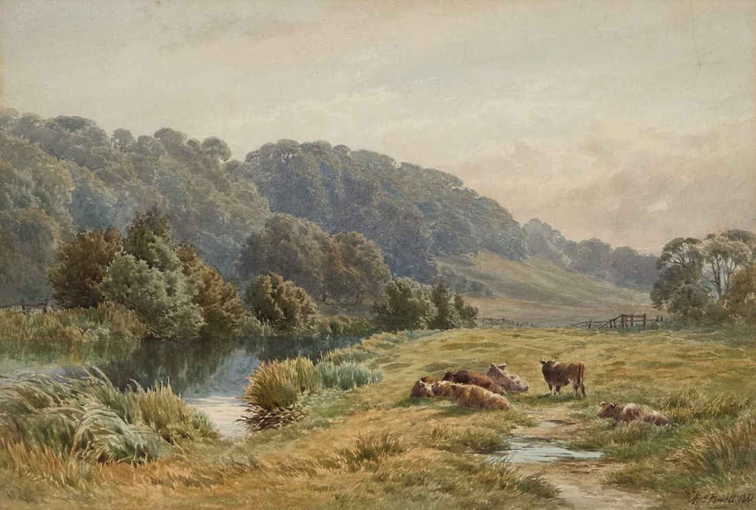 ALFRED POWELL (FL. 1870-1905) PAIR OF RIVER LANDSCAPES WITH CATTLE WATERING (1 of 4)