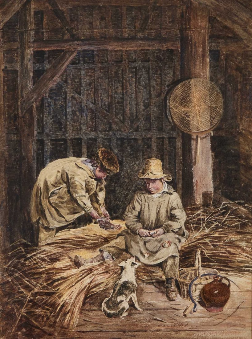 WILLIAM HENRY HUNT (1790-1864) TWO SHILLINGTON BOYS, JOE WATTS AND BILL FURSE: WILLIAM HENRY HUNT (1790-1864) TWO SHILLINGTON BOYS, JOE WATTS AND BILL FURSE Inscription and date 1828 to backing Watercolour with scratching out Provenance: With Fry Watercolour and drawings, London