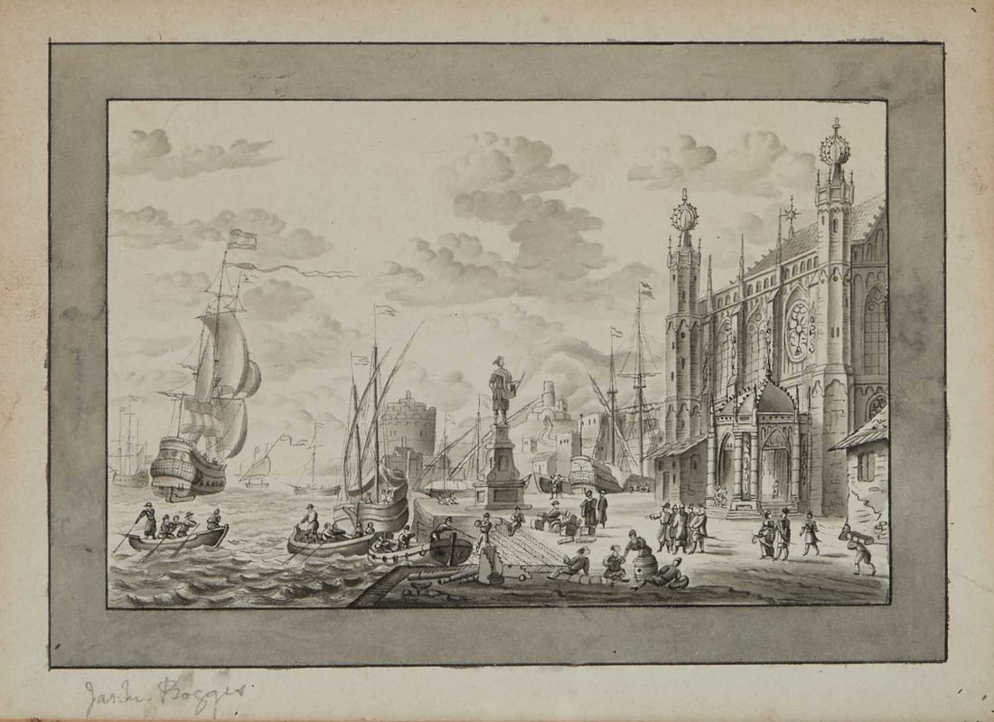 JAMES BOGGIS (FL. 1823-1846) ITALIAN PORT VIEW WITH CATHEDRAL (1 of 2)