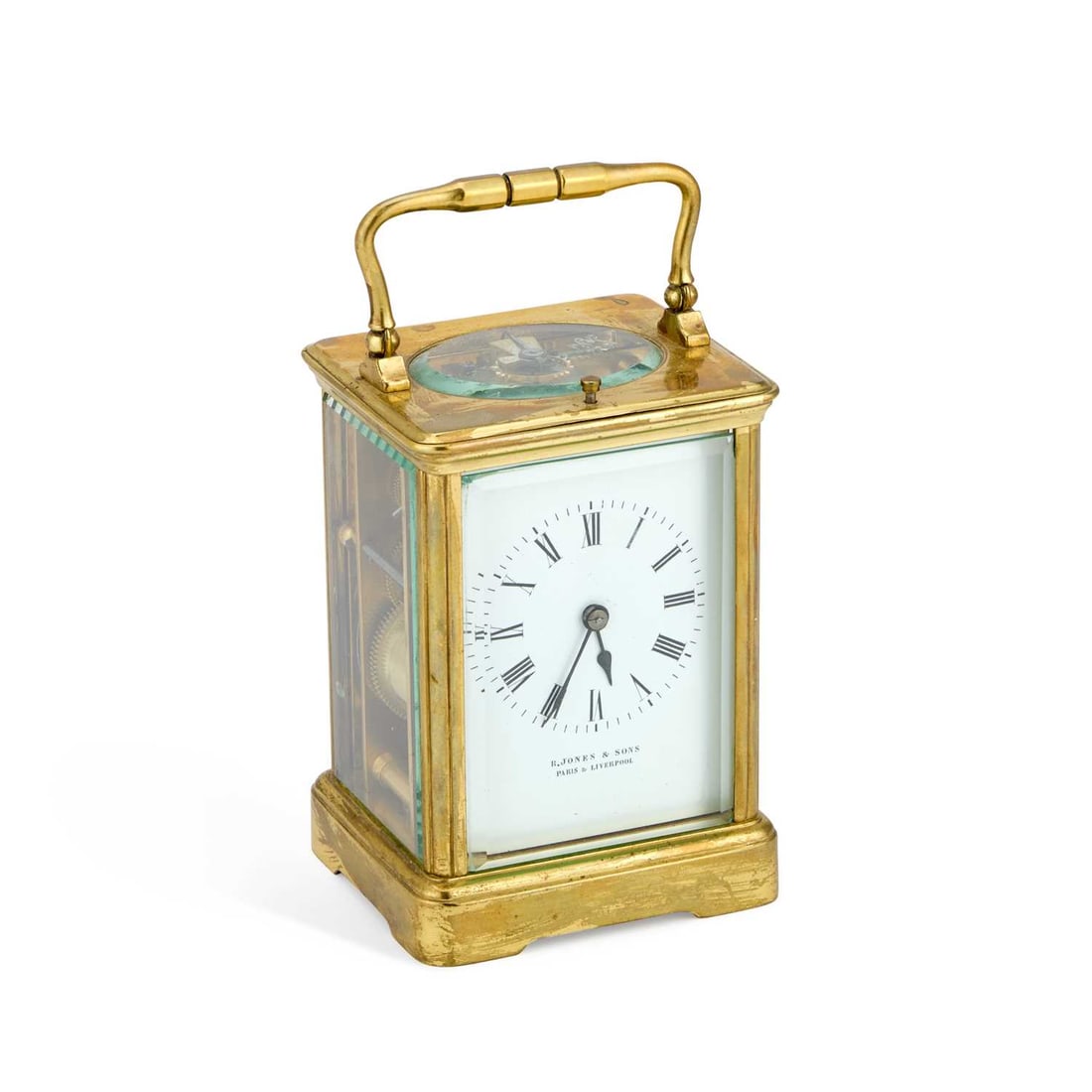 AN EARLY 20TH CENTURY BRASS CASED CARRIAGE CLOCK SIGNED R. JONES & SONS, PARIS & LIVERPOOL (1 of 2)
