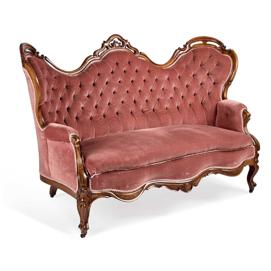 A VICTORIAN WALNUT AND UPHOLSTERED SETTEE CIRCA 1860 (1 of 1)