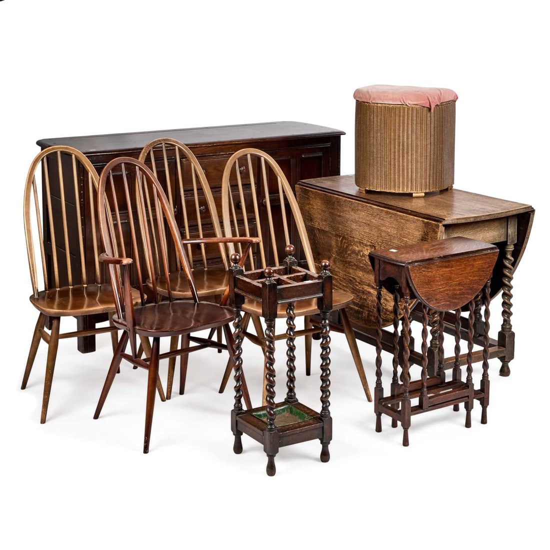 A GROUP OF FURNITURE: A GROUP OF FURNITURE including an Ercol sideboard, a 1920s oak gateleg dining table, four Ercol chairs, etc. (9) Sideboard 136cm long