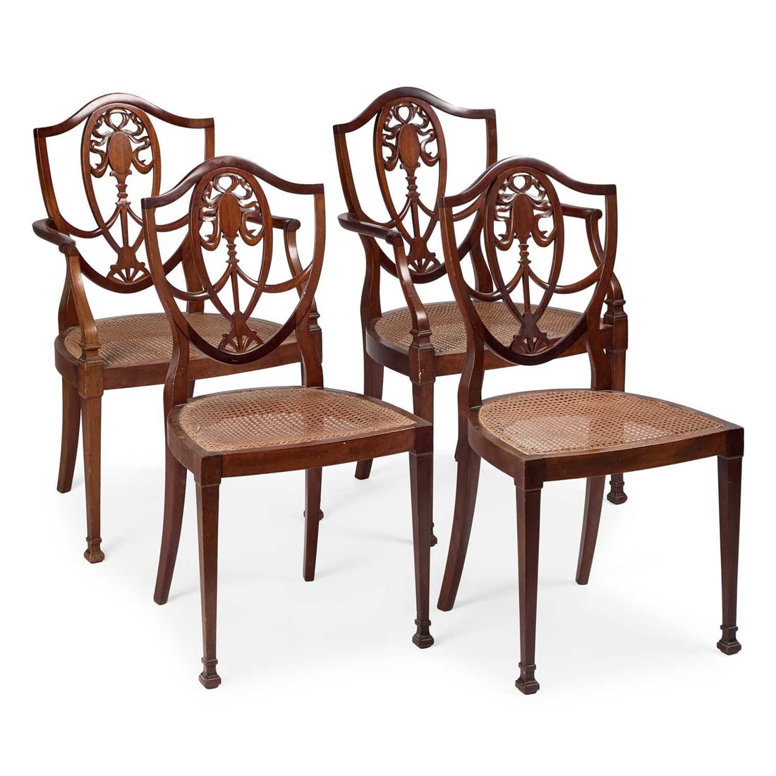 A SET OF FOUR EARLY 20TH CENTURY CANE-SEATED MAHOGANY PARLOUR CHAIRS LABEL OF MARSH, JONES & CRIBB (1 of 1)