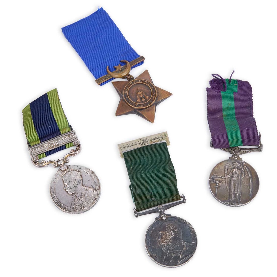 A GROUP OF MEDALS: A GROUP OF MEDALS comprising an 1882 Egypt Khedives Star Medal, awarded to 1929. Privt J. Doig C.T.C; and Edward VII Volunteer Long Service Medal, awarded to 5310 Pte. W. Leadbetter. 2ND V.B. S. Lanc.