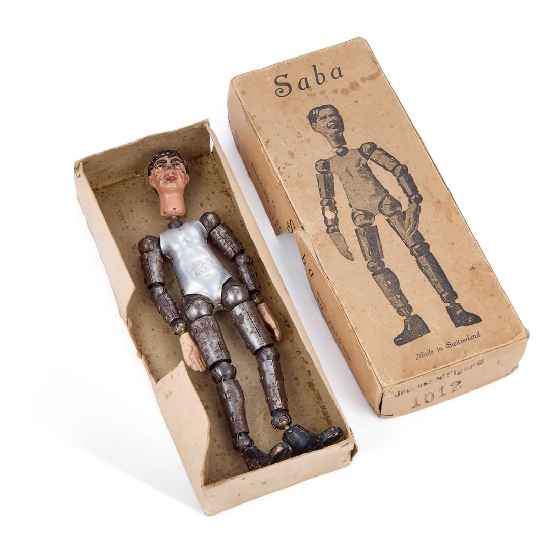 AN EARLY 20TH CENTURY SWISS 'SABA' ARTICULATED METAL FIGURE: AN EARLY 20TH CENTURY SWISS 'SABA' ARTICULATED METAL FIGURE made by Bucherer, the aluminium torso stamped MADE IN / SWITZERLAND / PATENTS / APPLIED FOR, with the original box, stamped to one end