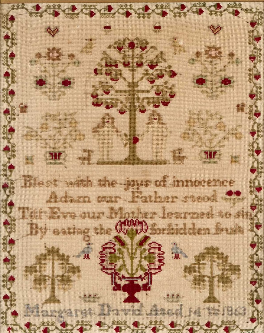 A LARGE ADAM AND EVE SAMPLER, DATED 1863: A LARGE ADAM AND EVE SAMPLER, DATED 1863 worked with Adam and Eve beneath the apple tree, and a rhyme pertaining to the scene, Margaret David, aged 14, 1863, glazed and framed. 89cm by 69cm overall