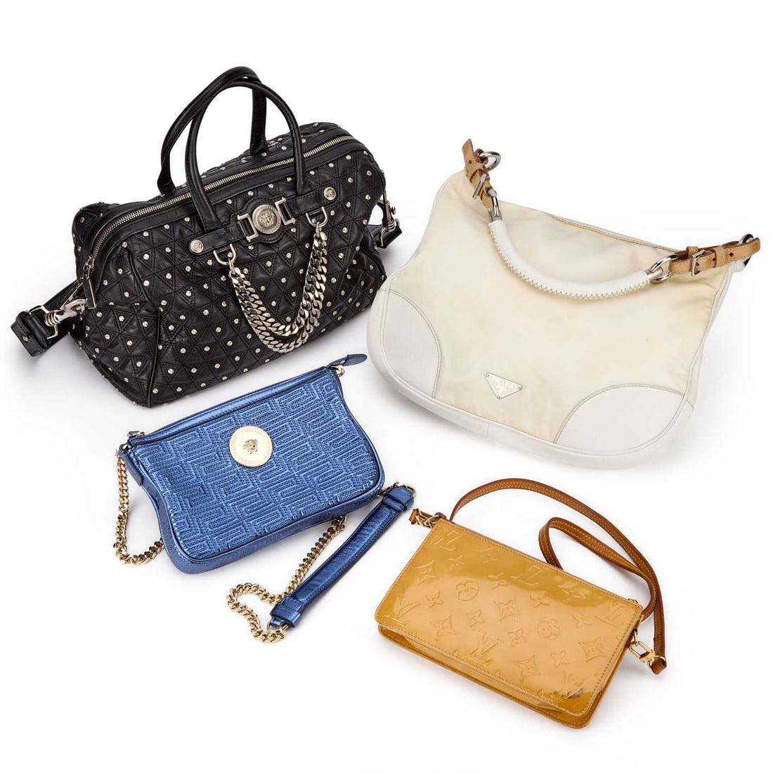 A GROUP OF DESIGNER BAGS: A GROUP OF DESIGNER BAGS comprising a white Prada nylon and leather shoulder bag; a Louis Vuitton Vernis Lexington Pochette, with a vachetta cross body strap; a black leather Versace handbag, with stu