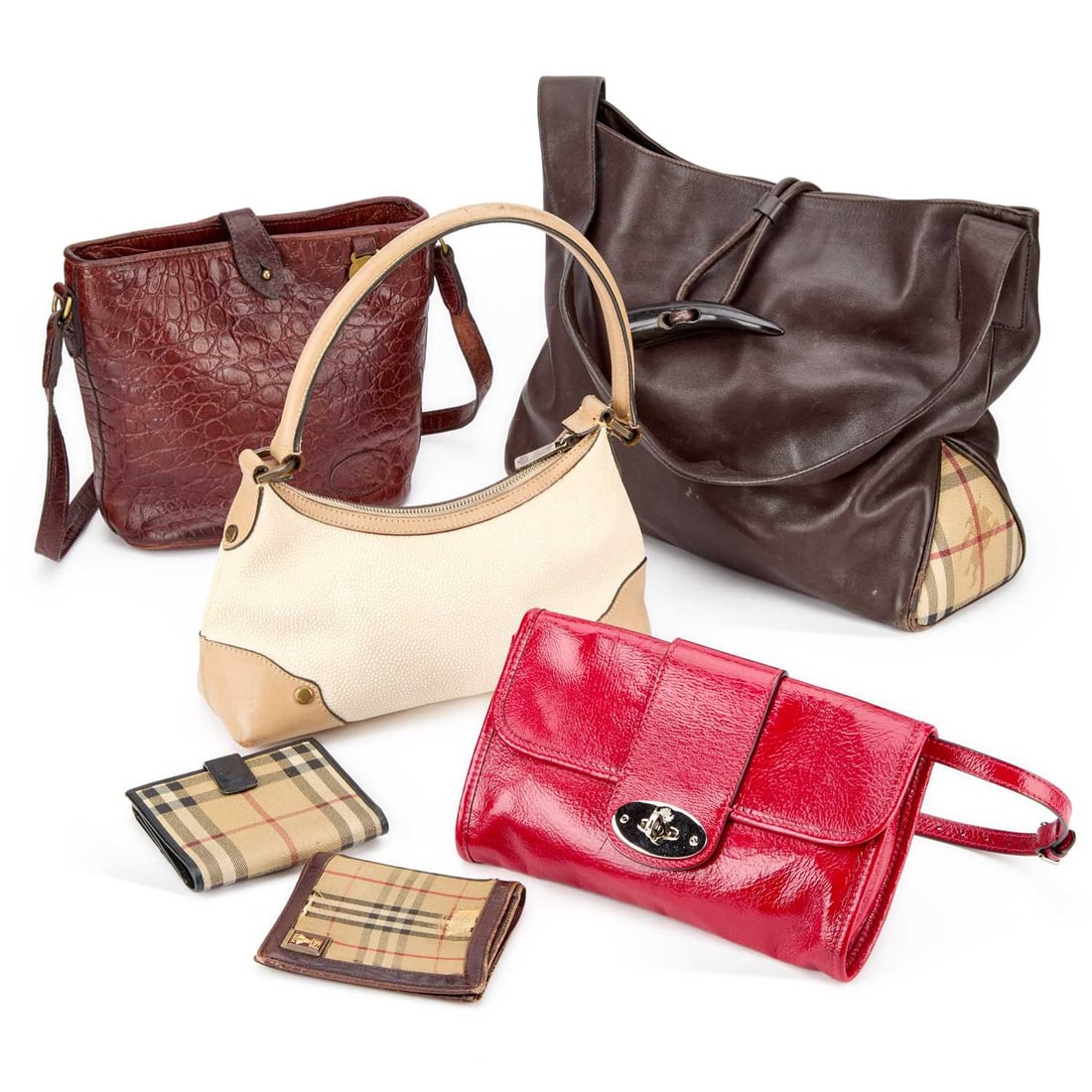 A GROUP OF DESIGNER BAGS AND ACCESSORIES: A GROUP OF DESIGNER BAGS AND ACCESSORIES including a red patent leather Mulberry shoulder bag; a brown congo leather Mulberry shoulder bag; a Burberry horn toggle brown leather and Burberry Check shou