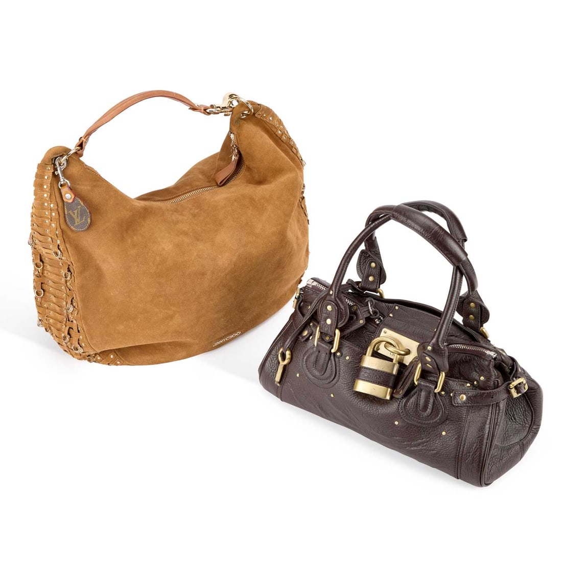 A JIMMY CHOO HOBO SHOULDER BAG: A JIMMY CHOO HOBO SHOULDER BAG camel coloured suede with gold tone hardware; together with a chocolate brown Chloe handbag (a/f); a Louis Vuitton monogrammed coated canvas and vachetta keyring; etc. (