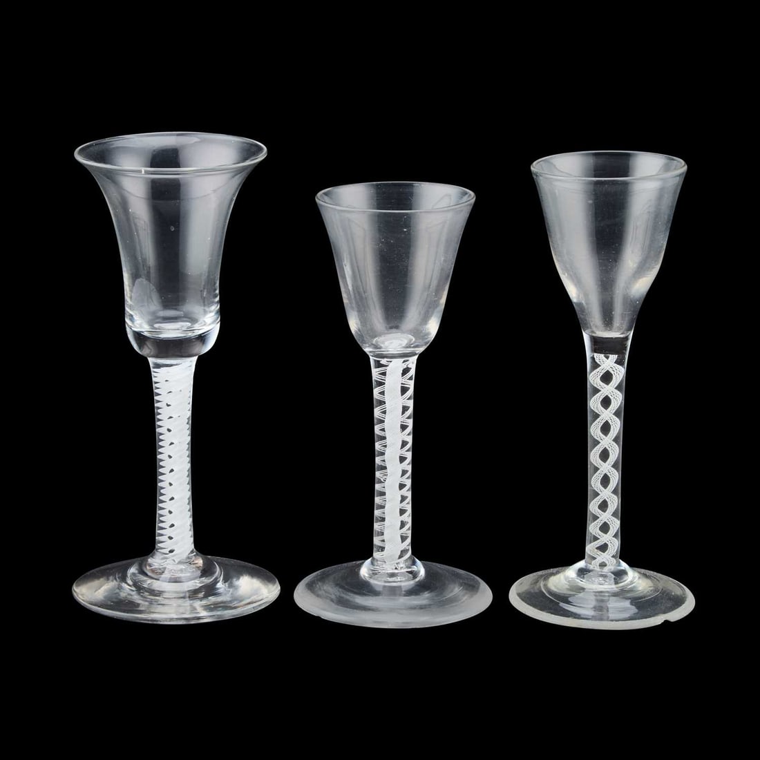 THREE OPAQUE TWIST WINE GLASSES 18TH CENTURY: THREE OPAQUE TWIST WINE GLASSES 18TH CENTURY (3) Tallest 16.5cm