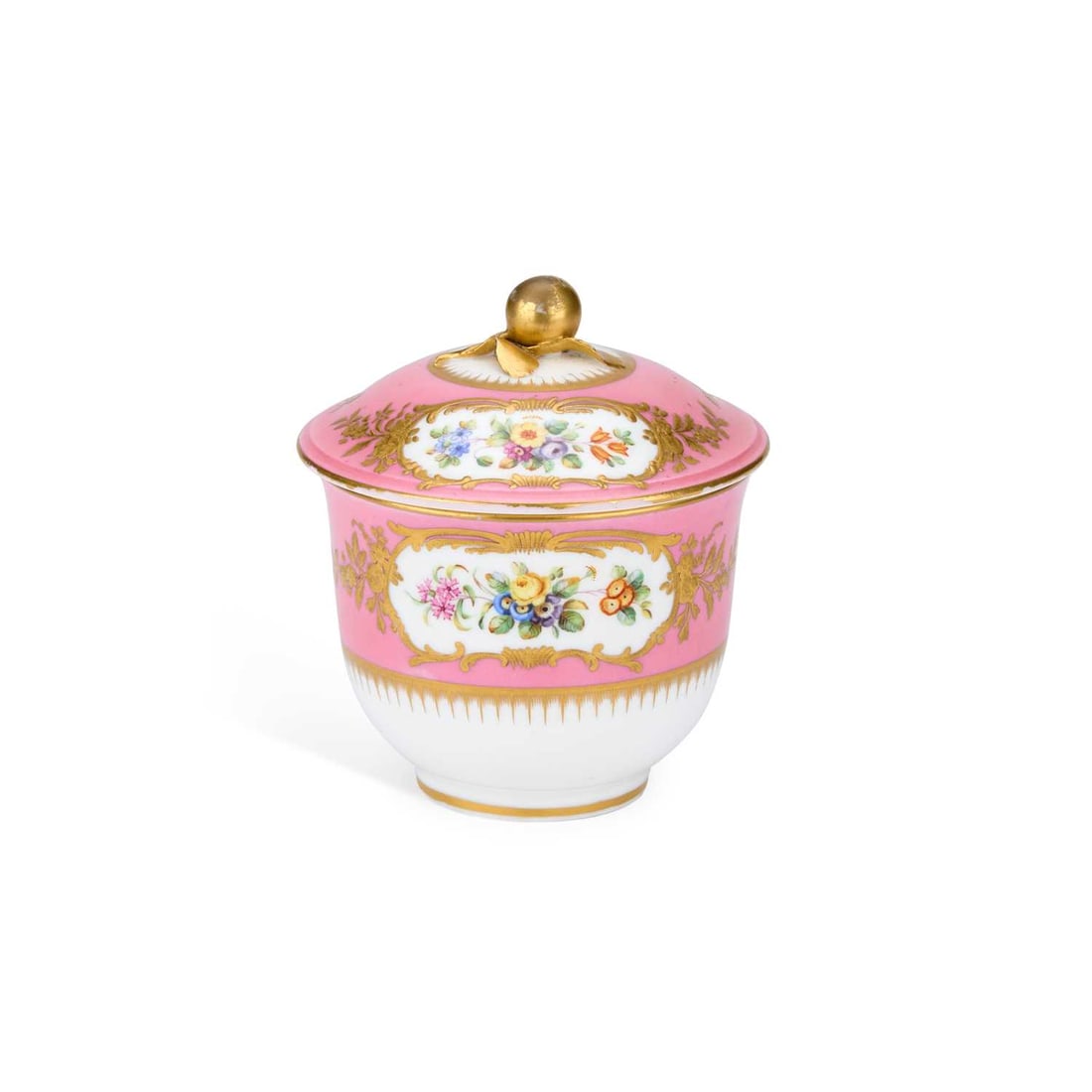 A COALPORT PORCELAIN SUCRIER AND COVER CIRCA 1850: A COALPORT PORCELAIN SUCRIER AND COVER CIRCA 1850 the sucrier hand painted in Sevres style with panels of flowers, on a pink ground, having a gilt bud finial to the cover, CBD monogram mark to the bas