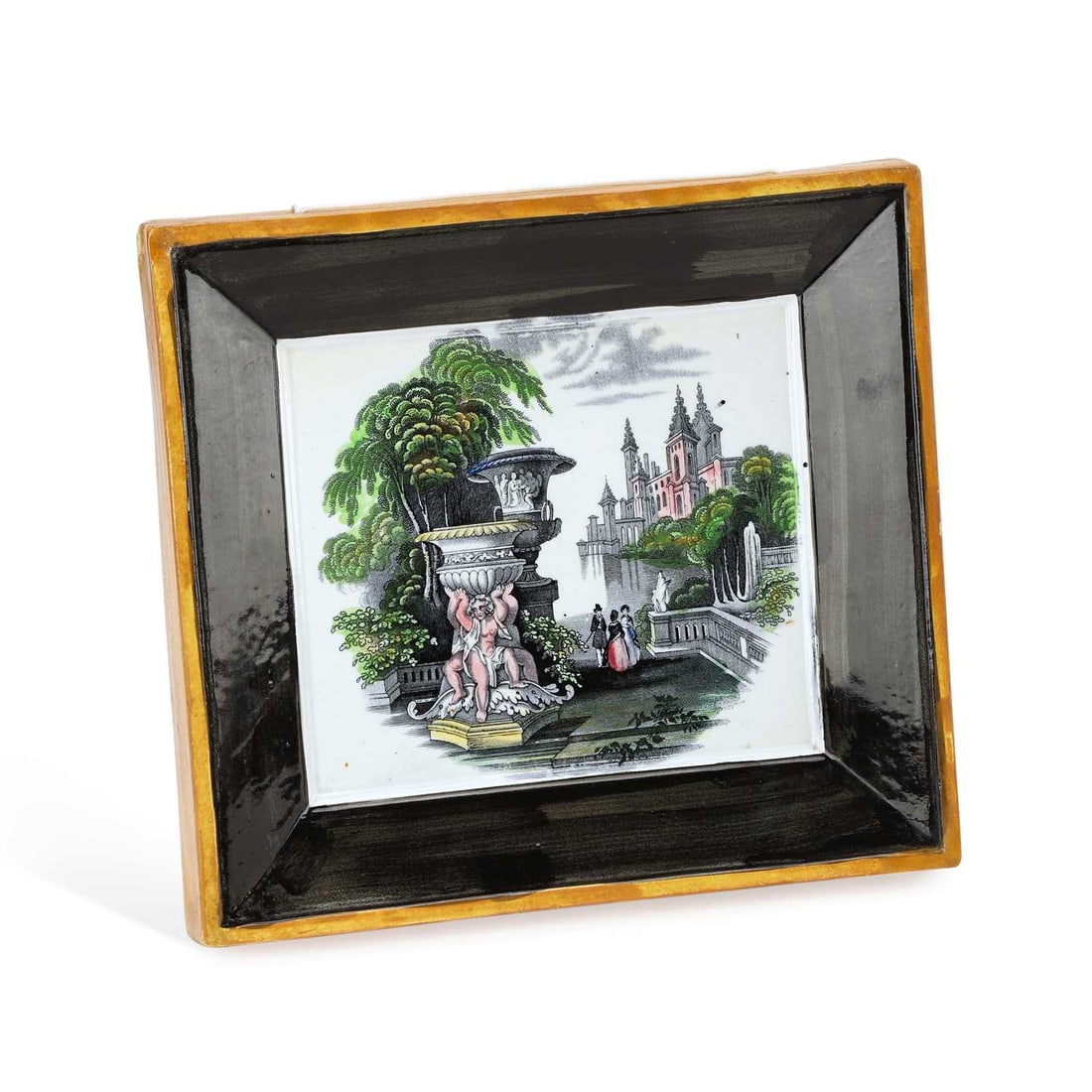 A NORTH EAST ENGLAND POTTERY PLAQUE CIRCA 1850: A NORTH EAST ENGLAND POTTERY PLAQUE CIRCA 1850 the square-shaped plaque printed in black and painted with classical scene of figures and two large urns on a terrace, with Gothic buildings in the backg