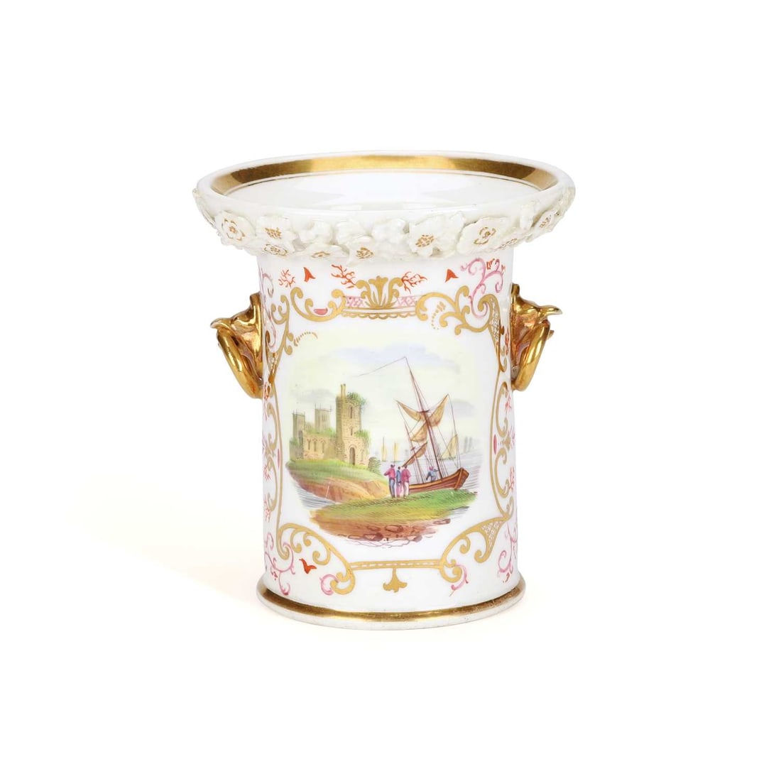 AN ENGLISH PORCELAIN SPILL VASE CIRCA 1830: AN ENGLISH PORCELAIN SPILL VASE CIRCA 1830 cylindrical form, with applied gilded eagle handles, painted in the Meissen manner with sailing boats, figures and castle ruins with gilt cartouches, the eve