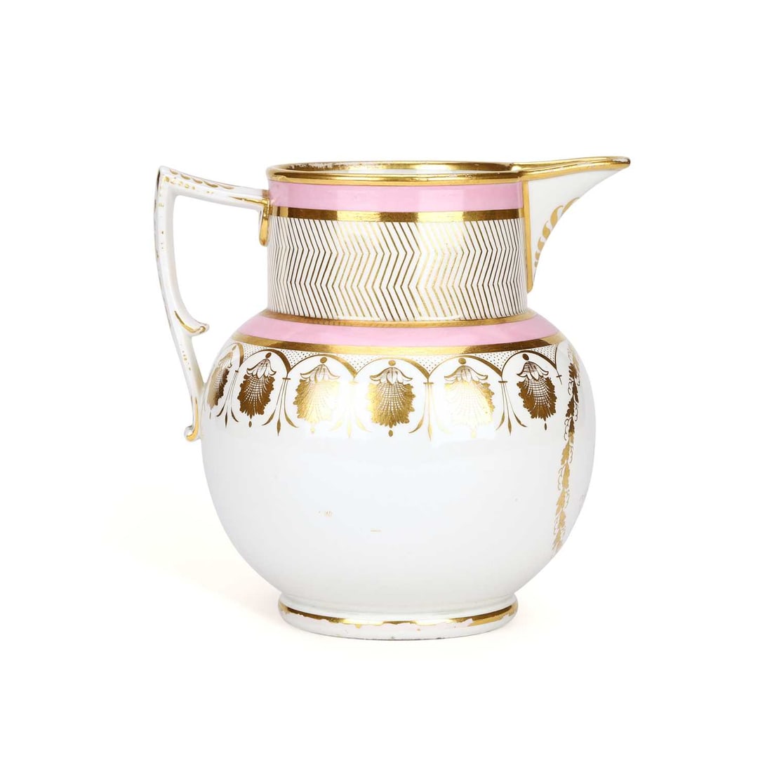 A FLIGHT BARR & BARR PRESENTATION JUG CIRCA 1815: A FLIGHT BARR & BARR PRESENTATION JUG CIRCA 1815 of wide bellied form decorated with gilt and pink enamel banding, the central gilt leaf roundel enclosing an armorial squirrel, possibly being the cres