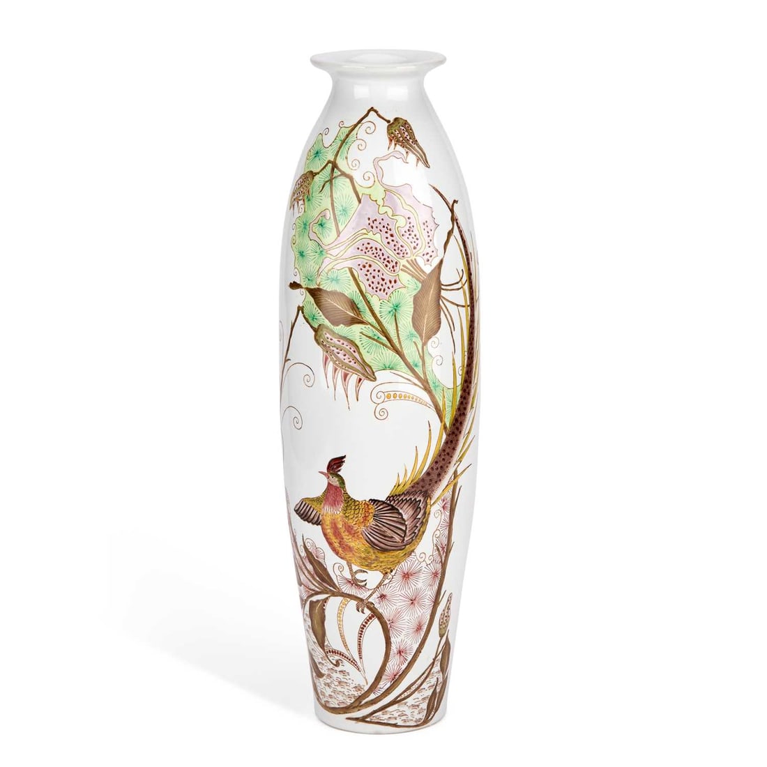 A ROZENBURG POTTERY VASE: A ROZENBURG POTTERY VASE decorated with exotic birds amongst foliage, printed marks to the base. 47cm high