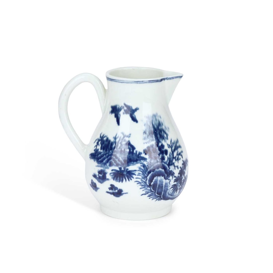 A WORCESTER SPARROW BEAK JUG CIRCA 1775: A WORCESTER SPARROW BEAK JUG CIRCA 1775 baluster form, printed in underglaze blue with the fence pattern, shaded crescent mark. 11cm high