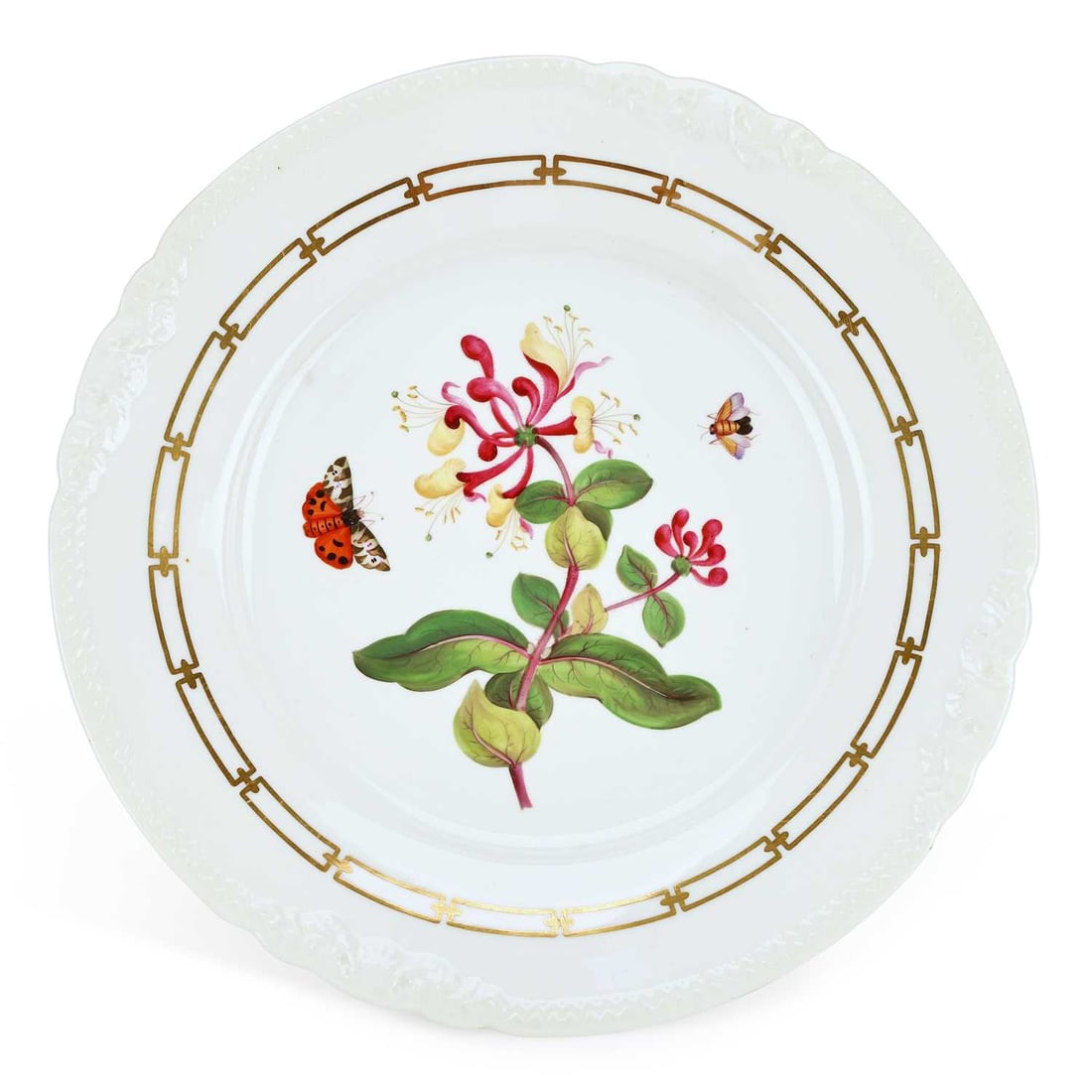 A ROCKINGHAM PORCELAIN CABINET PLATE CIRCA 1825: A ROCKINGHAM PORCELAIN CABINET PLATE CIRCA 1825 painted to the centre with a botanical study of the flowering plant 'Lenicera Peridymen', inside a chain linked gilt border with A rare 'shark tooth' mo
