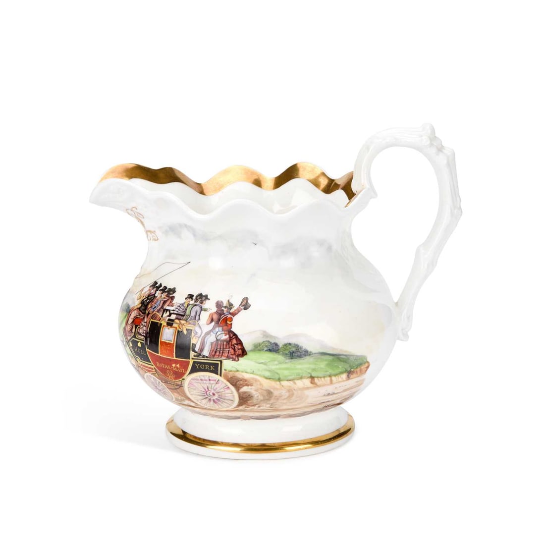 A STAFFORDSHIRE PORCELAIN COACHING JUG CIRCA 1830: A STAFFORDSHIRE PORCELAIN COACHING JUG CIRCA 1830 painted with a scene of the Royal Mail Hull to York stage coach and its passengers in a rural setting, G.L. monogram in gilt script. 20.5cm high