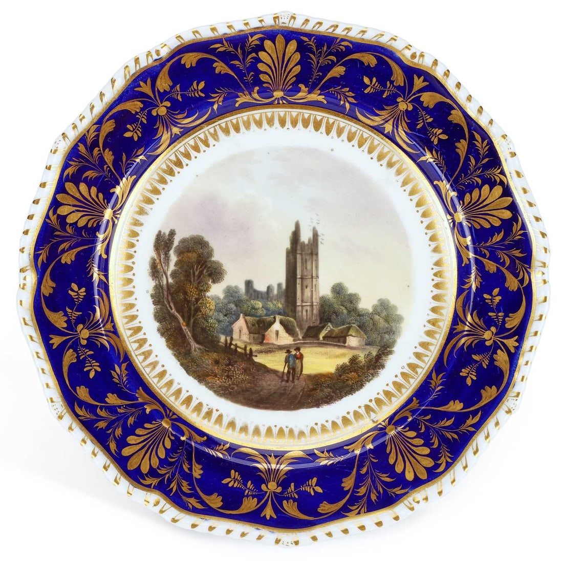 A DERBY PORCELAIN PLATE CIRCA 1820: A DERBY PORCELAIN PLATE CIRCA 1820 painted with a titled view of `Yellow Tower Trim`, Ireland, within a cobalt blue border ground, heightened with gilt scrollwork, crown crossed batons and D mark. 22c